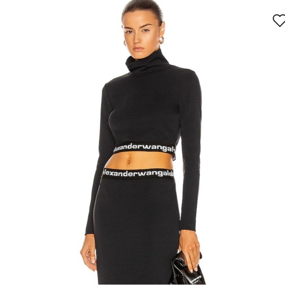 Alexander Wang Logo Elastic Cropped Mock Neck Top Long Sleeve Black - Picture 12 of 15